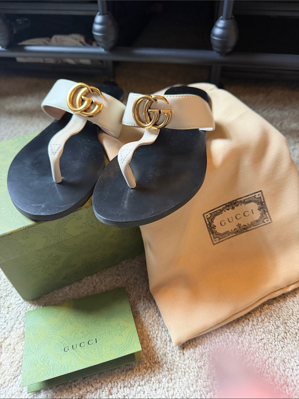 Gucci White Leather Sandal with Gold Double G